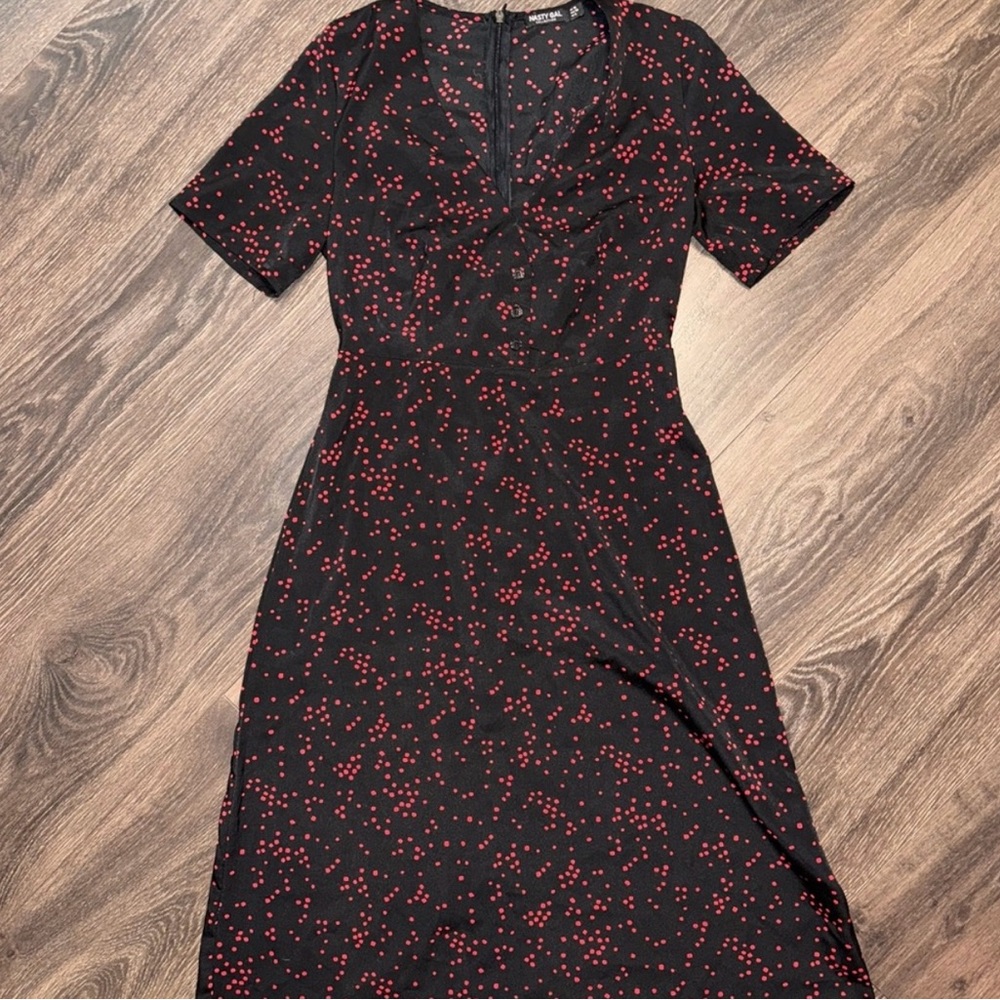 Nasty Gal V Neck Black Dress with Red Dots